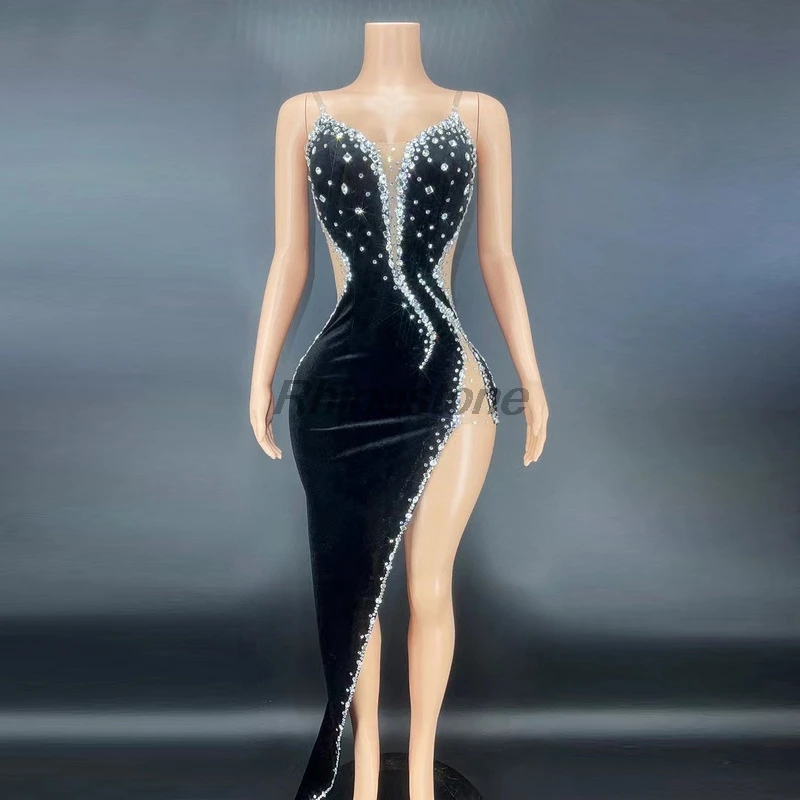 Halter Temperament Slim-fit Velvet Black Dress Event Hosting Party Stage Performance Costume