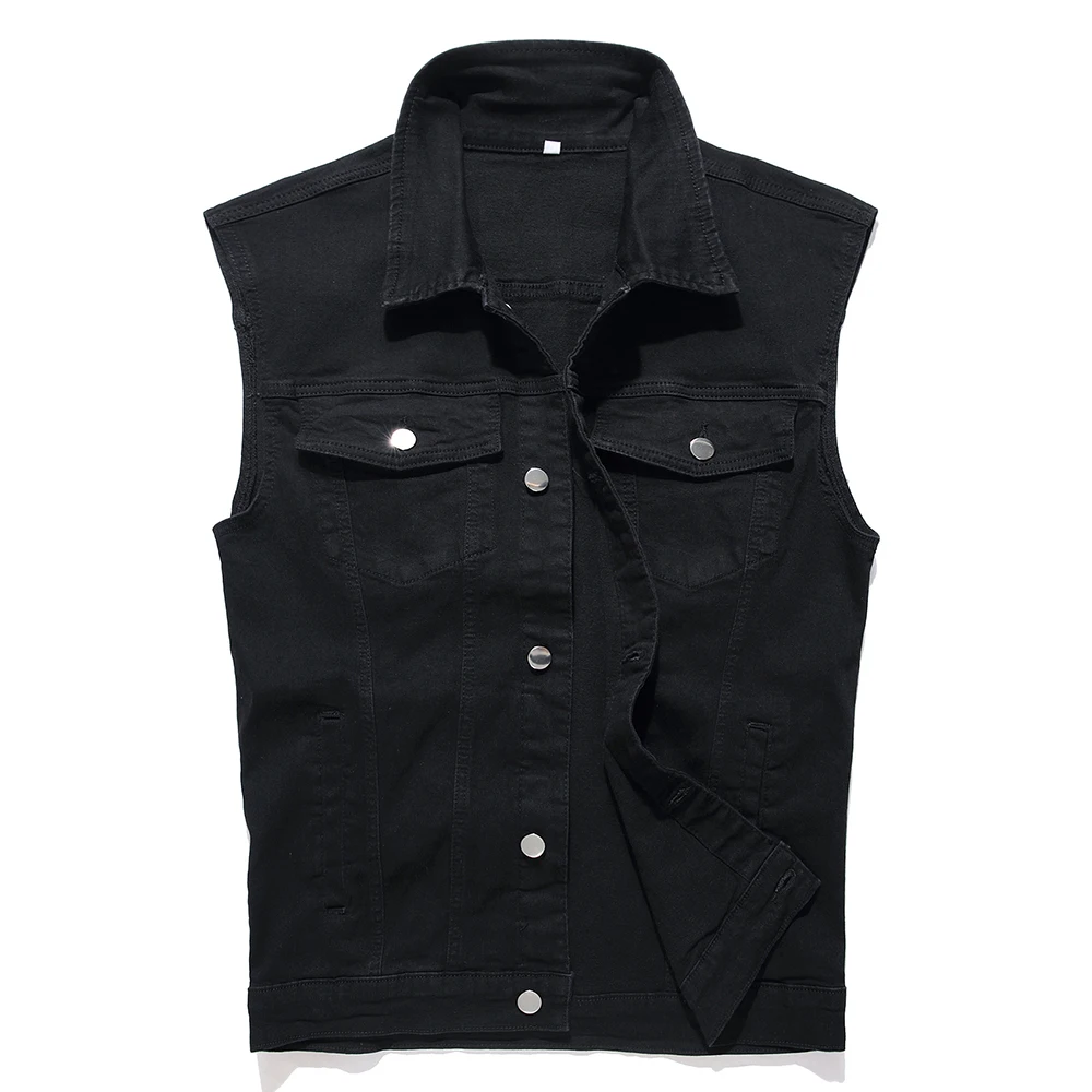 Men Classic Black Denim Vest Pure Color All Match Sleeveless Waistcoat Cotton Cargo Tank Top