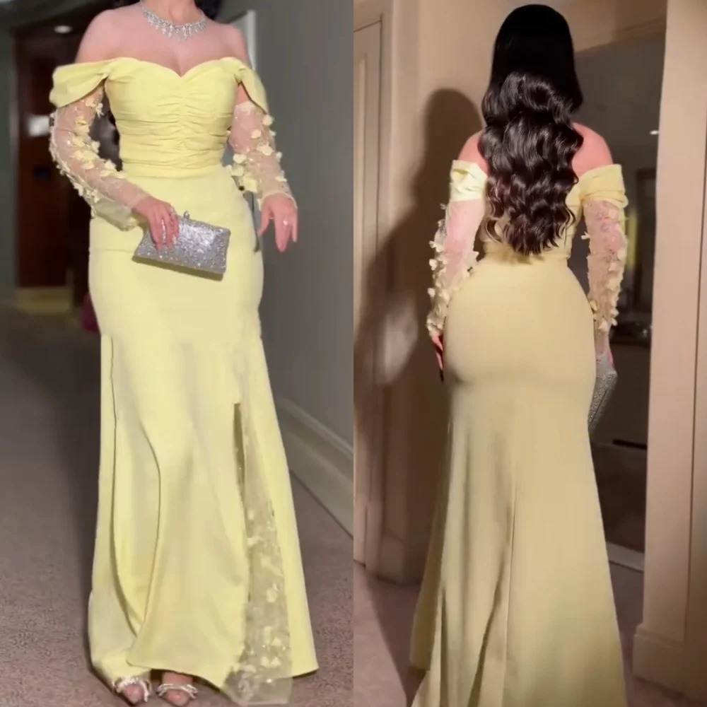 Customized Formal Jersey Pleat Sequined Applique Trumpet Off-the-shoulder Long Dresses Bespoke Occasion Chinese Style