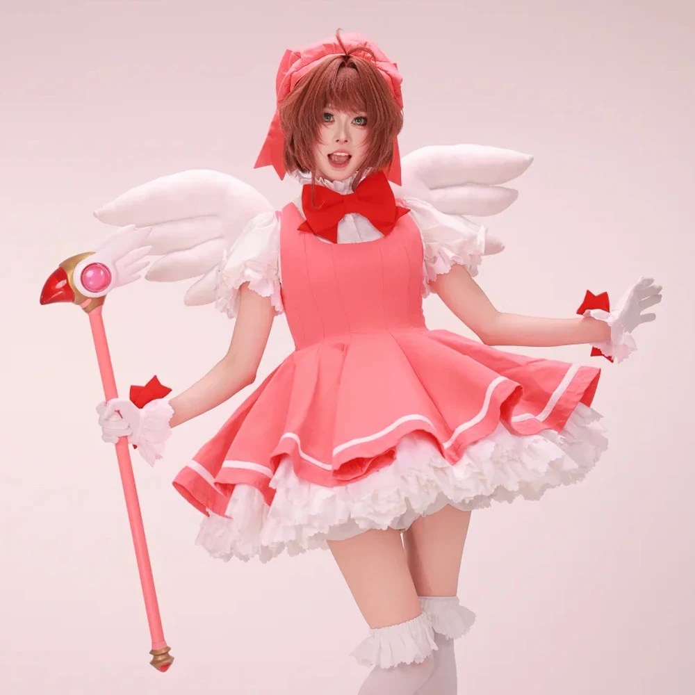 Kinomoto Sakura Cosplay Pink Lolita Dress Wig Set Role Play Card Captor Uniform Fancy Cos Party Outfit Theme Event Cos Clothing