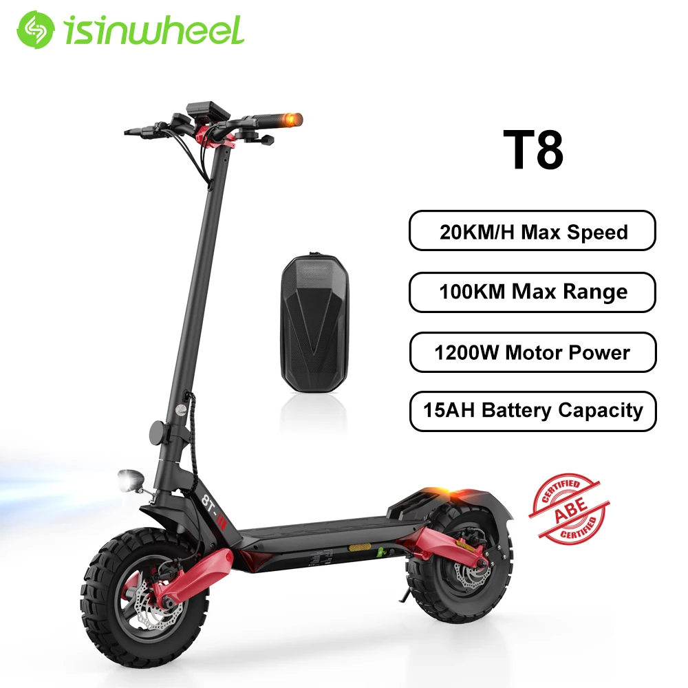 Isinwheel T8 Scooter elettrico pieghevole per adulti, E-Scooter, monopattino elettrico da 20 km/h, skateboard da 1200 W, monopattino 48 V 15 Ah