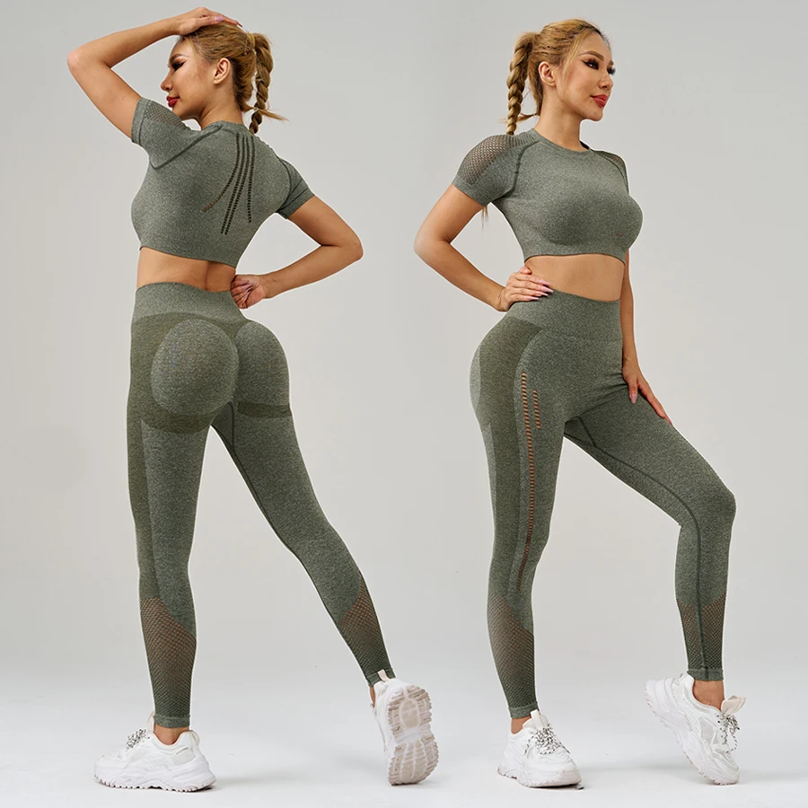 

2 pcs/set Tee Yoga Leggings Set Seamless Workout Outfit Hollow Out Sportswear Woman Gym Yoga Clothes Womens Tracksuit Activewear