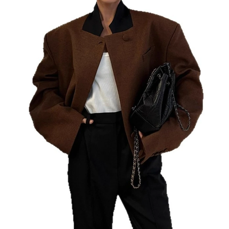 Elegant Woolen Patchwork V-neck Buttoned Jacket Short Coat 2025 New Women's Clothing