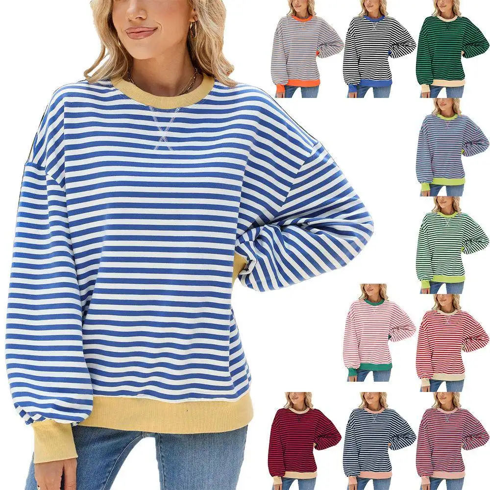 Damska luźna długa bluza z okrągłym dekoltem, sweter, kurtka w paski, odzież wierzchnia, jesień-zima 2024, nowa, swobodna, wygodna góra.