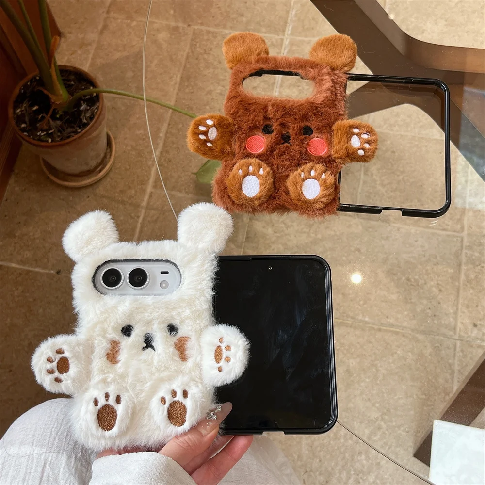 Cute 3D Plush Bear Phone Case For iPhone Ultra Soft Furry Fluffy Shell Cartoon Bear Paw Ear Shockproof Protective Girls Cover