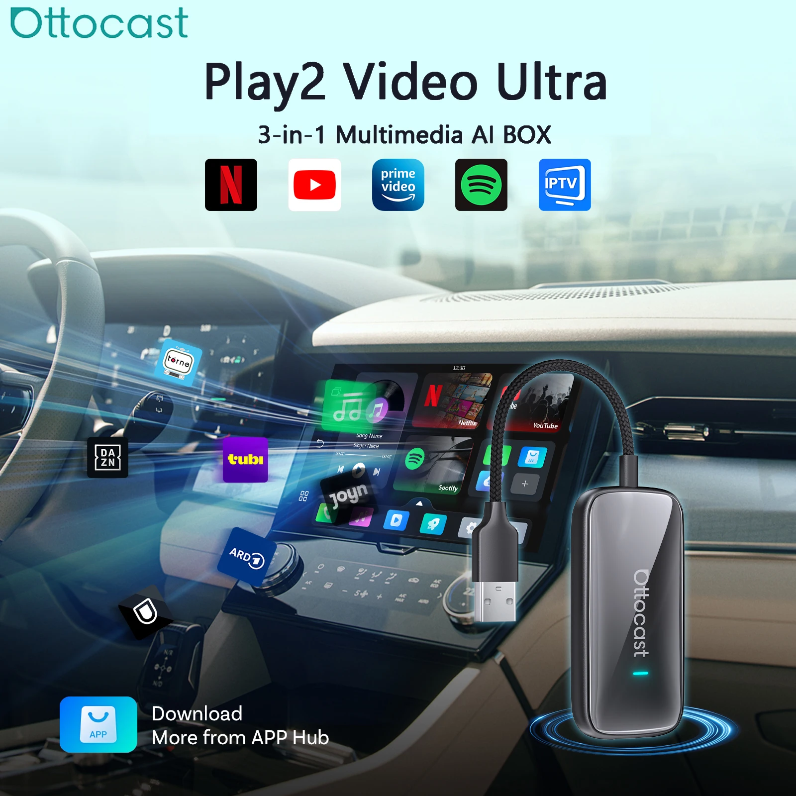 OTTOCAST Play2Video Ultra Ai Box Wireless Carplay Android Auto Adapter Built in Youtube Netflix IPTV For VW Benz 99% of Cars