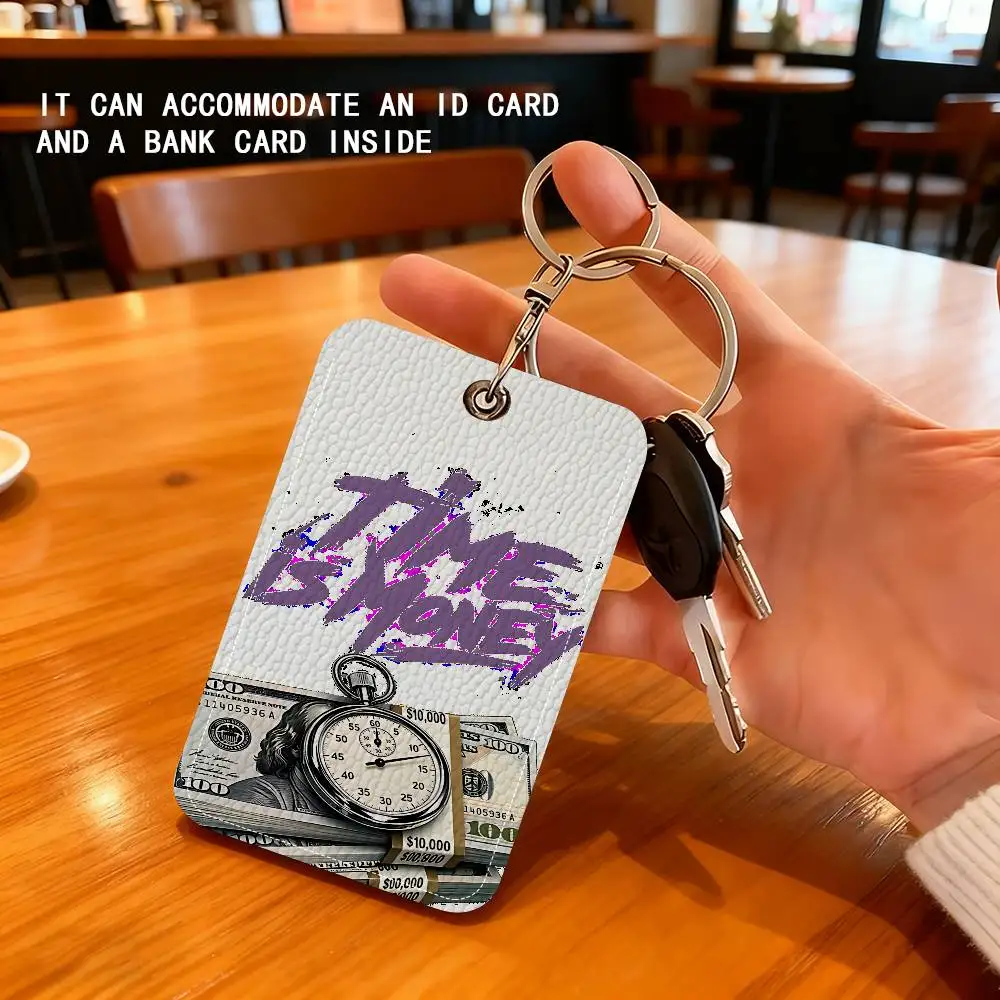New 100 Dollar Bill Pattern PU Soft Leather Rectangular Keychain Card Holder, Badge Student ID Bus Elevator Card Protector