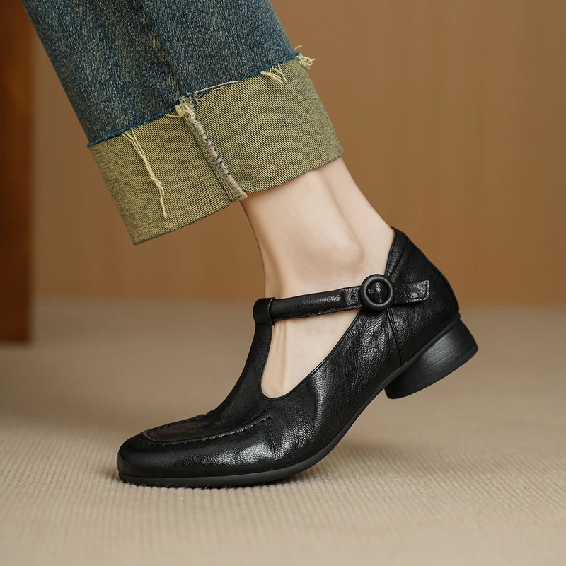 Comfortable Soft Bottom Chunky Heel Single Shoes for Women New Arrival Spring Autumn Seasonal New Style T-Strap Genuine Leather