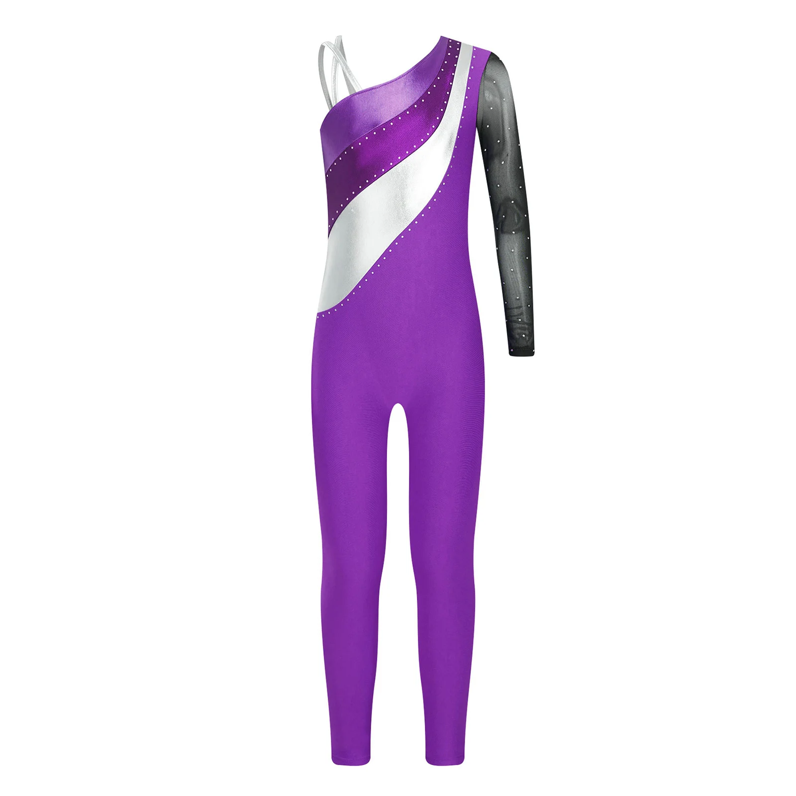 Kids Girls Gymnastics Figure Skating Jumpsuit Ballet Dance Yoga Performance Costume One Shoulder Contrast Color Leotard Bodysuit