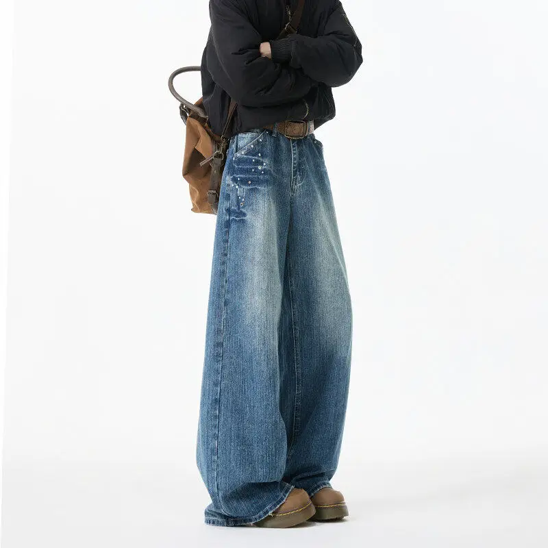 

Waed Denim Jeans Men's Straight Loose Vintage American Sle Rivet Long Trousers Casual High Waist Wide Leg Pants
