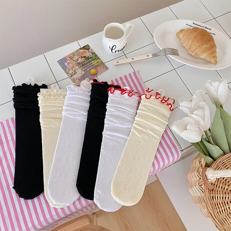 New Chinese-style Retro Floral Vine Pattern Knee Socks Children's Girls' Hollow Thin Breathable Lace Gather Leggings Long Socks