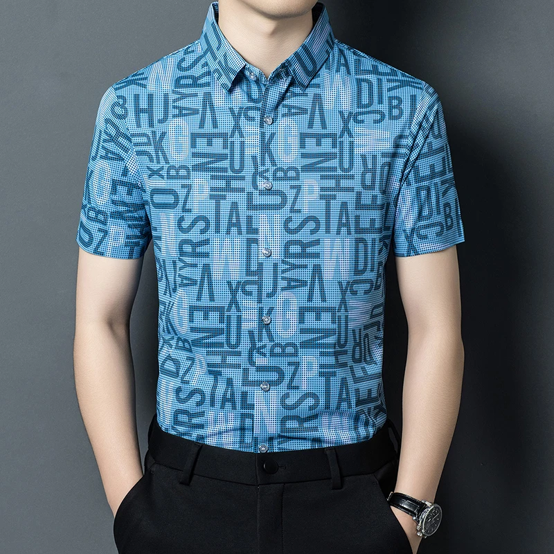 Letters 3D Print Elasic Shirts For Men Short Sleeve Cool Feeling Summer Quality Silky Comfortable Casual Lapel Camisas De Hombre