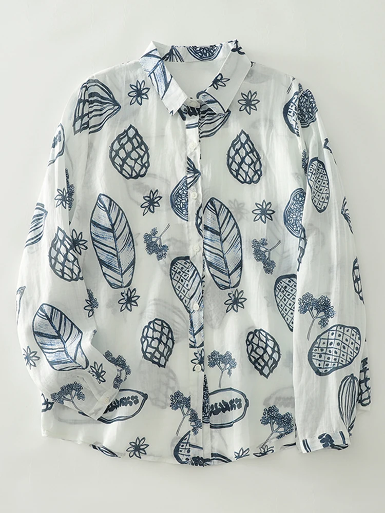 Spring Autumn Printed Cotton Hemp Long Sleeve Shirt Women New Thin Breathable Artistic Blouse Large Loose Casual Shirt Top S102