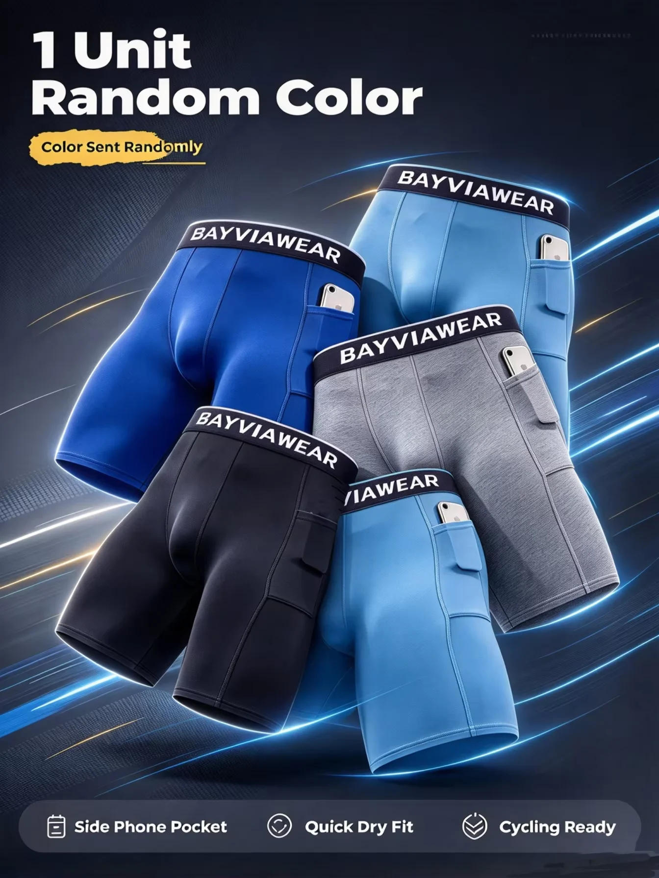 BAVIAWEAR Men Sports Boxer Brief with Side Phone Pocket Cycling Underwear 1pc Random Color Quick Dry Workout Underpants