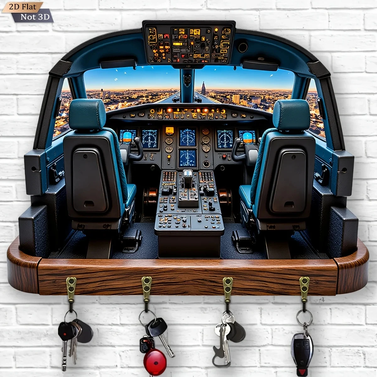 2D Flat, 1pc, Airplane Cockpit Theme Key Hook Wooden Multifunctional Home Key Holder with 4 Metal Hooks, Wall Decoration, Porch