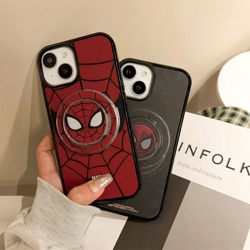 Cute Marvel Spider Man Holder Magnetic Magsafe Phone Case for iPhone 15 13 14 12 11 Pro Max Luxury Shockproof Back Cover Capa