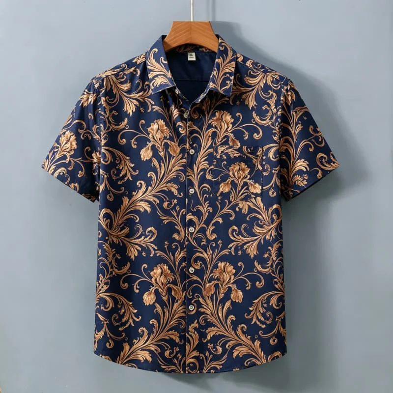 Men's Light Luxury Floral Print Short Sleeved Shirt With pockets,  Personalized Top For Holiday Beach Vacations