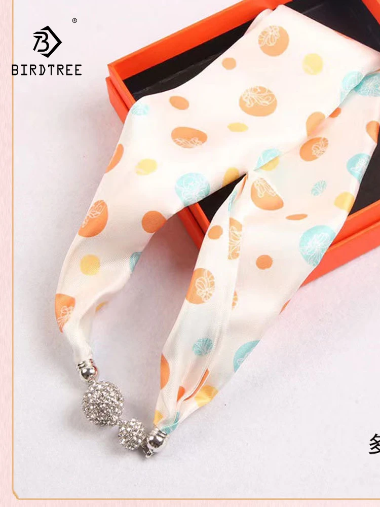 BirdTree, 100%Pure Slik Elegant Narrow Scarf, 60cm Printing, Mom Gift Magnetic Buckle INS Scarf, 2024 Summer Autumn A465140QC