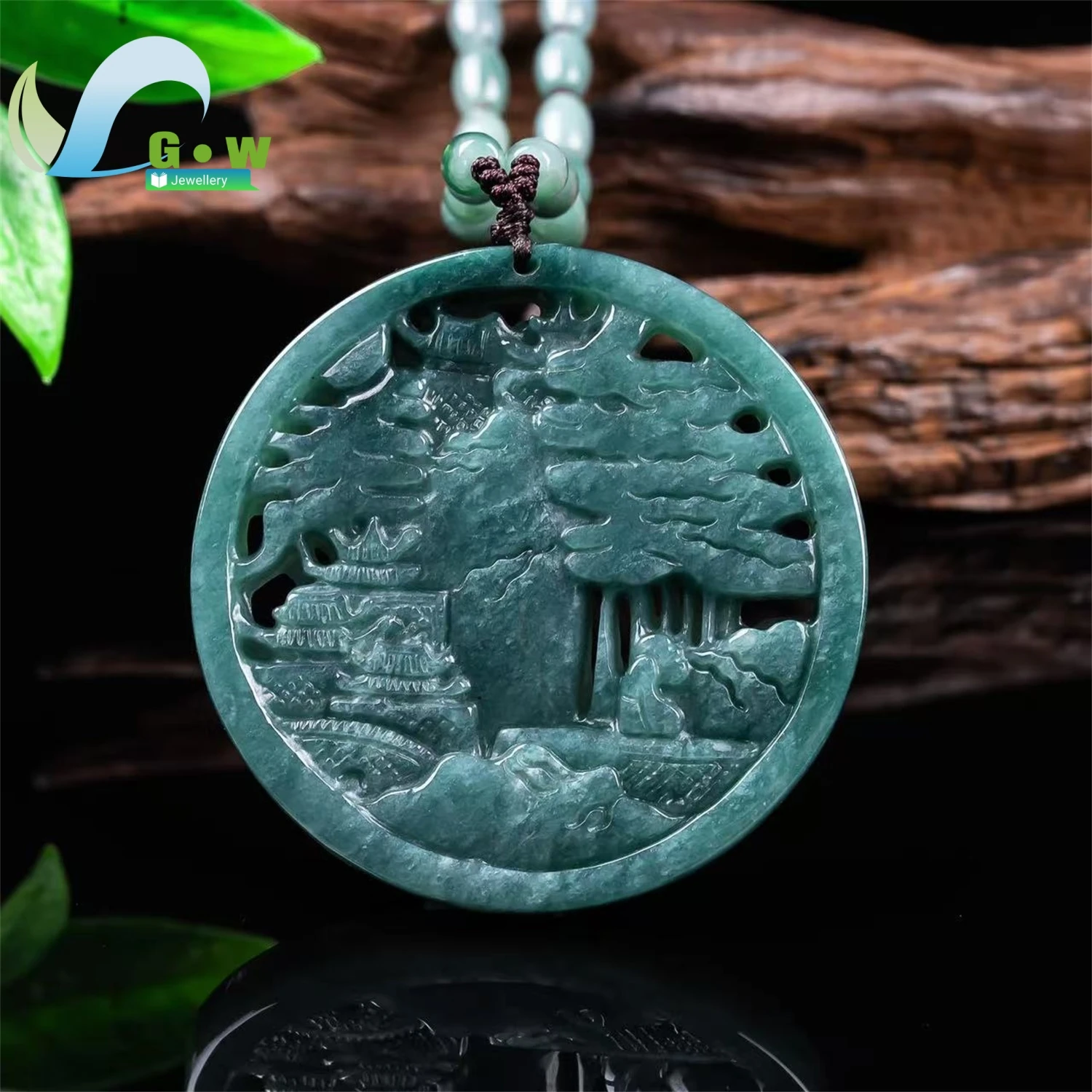 Natural Grade A Jadeite Ice Blue Water Round Openwork Landscape Pendant Unisex Men Women Fine Exquisite Jewelry Gift