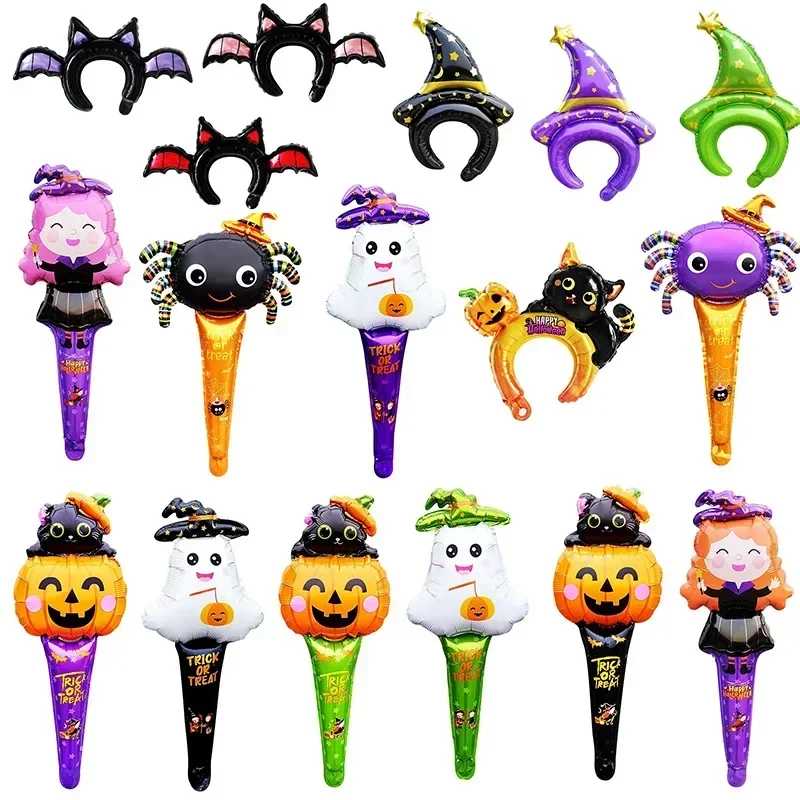 50PCS Halloween Medium Headband Balloons Spider Black Cat Witch Pumpkin Ghost Handheld Stick Medium Balloon Decoration 2024 New