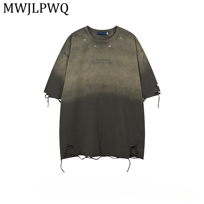 

MWJLPWQ Men's American Style Vintage Washed T-Shirt Star Rivet Distressed Hem Loose Fit Couple Casual Short Sleeve Tee Top 15689