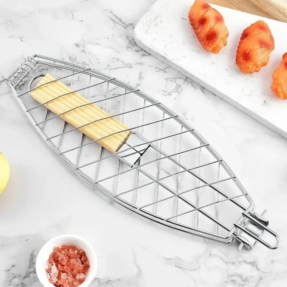Folding Handle Grilling Basket Nonstick Stainless Steel Grilled Fish Net Electroplating Anti-scald Barbecue Mesh Home Use