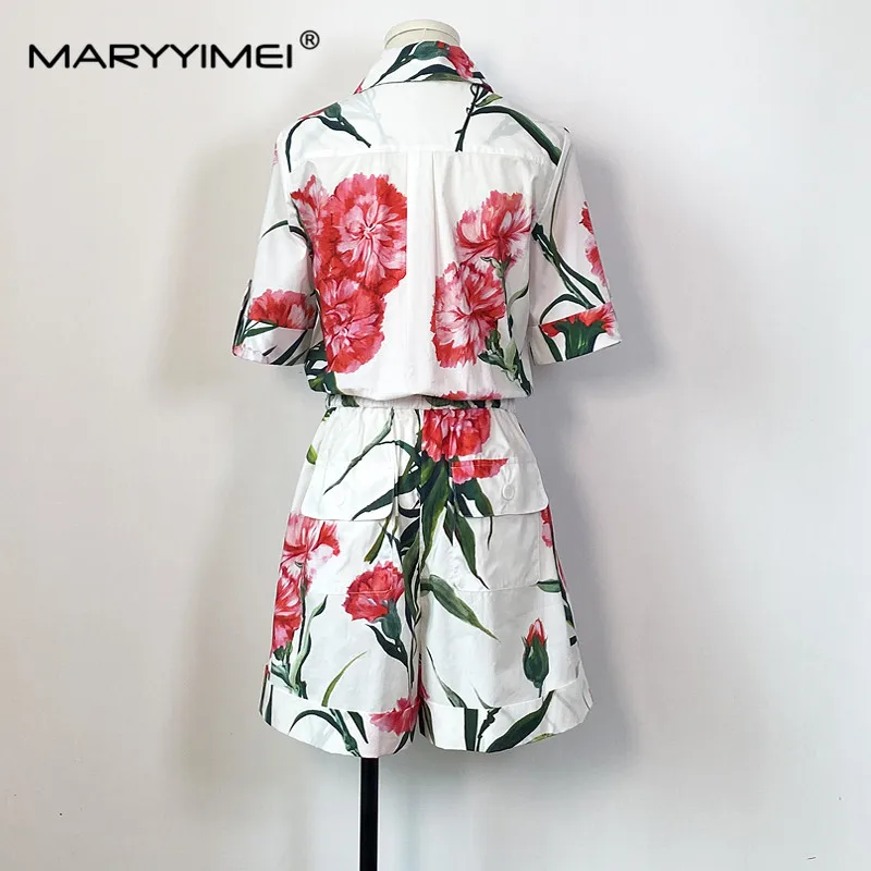 MARYYIMEI Summer Women\'s Turn-down Collar Cotton Playsuits Elastic Waist Slim Carnation Print Cotton Short Jumpsuit