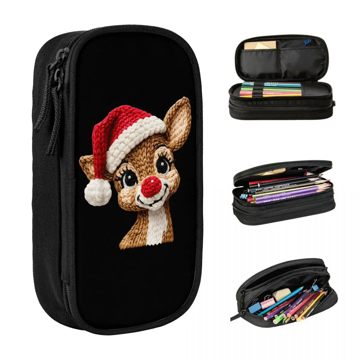 Cute Reindeer Rudolph Crochet Christmas Pencil Case Large Capacity Pencil Box Girls Double Layer Aesthetic School Pencil Cases