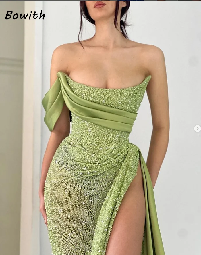 Bowith Long Evening Dress Elegant For Women Prom Split Dresses Wedding Party Formal Occasion Green One Shoulder Gown vestidos