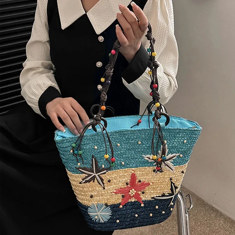 

Women Beach Bag Straw Woven Large Capaci Handbag embroidered Starfish Casual Basket Bohemian Versatile Chic Zipper Shoulder Bag