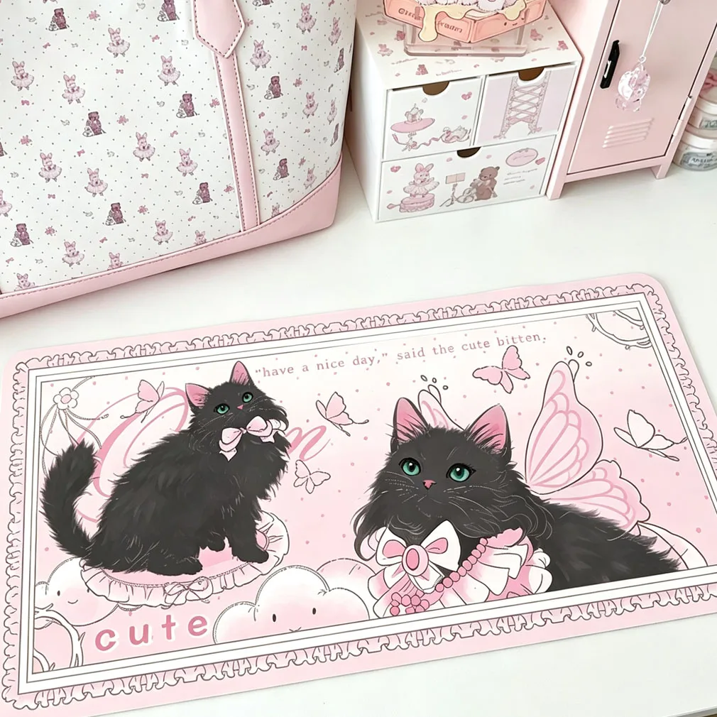 Pink Gradient Black Kitten Wings Lace Butterfly Y2K Leather Desk Pad Protector Mouse Pad Office Desk Mat PU Desk Blotter Pad