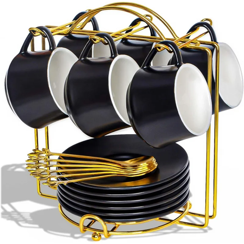 

La 3-Ounce Porcelain Espresso Cups Set of 6, Stackable Coffee Cups with Saucers, Spoons and Metal Stand