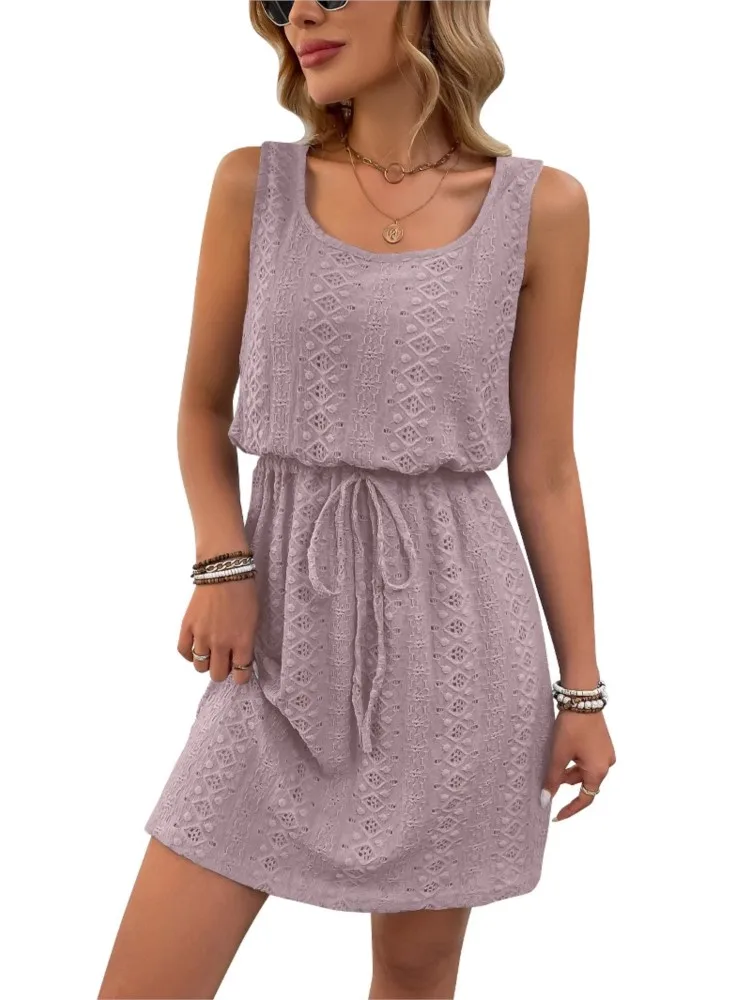 2025 été sans manches Mini robe femmes mode décontracté a-ligne cordon poche plage vacances couleur unie tricoté robes courtes
