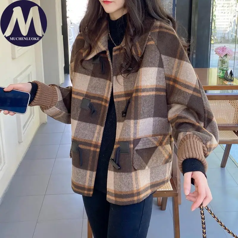 เสื้อแจ็คเก็ตสตรีฤดูใบไม้ร่วงฤดูหนาวใหม่ Elegant ตาราง DOLMAN แขนผ้าขนสัตว์ชนิดหนึ่งเสื้อขนสัตว์เกาหลีแฟชั่น Casual หลวมเสื้อแจ็คเก็ตสั้น