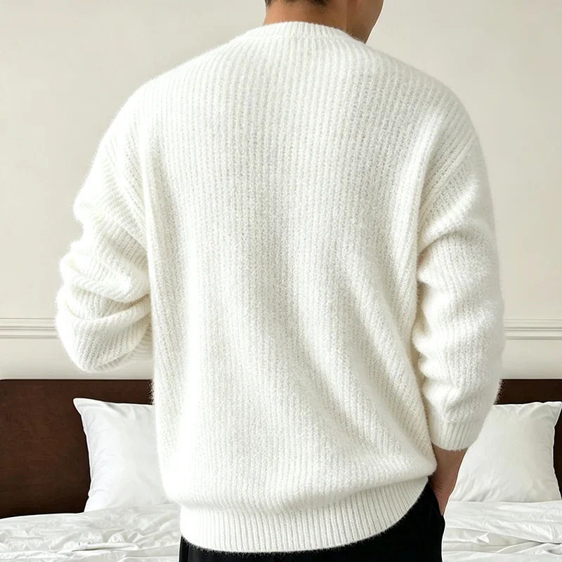 Neuer Herren-Strickpullover in Unifarben für Frühling und Herbst, Lässiger Modischer Pullover mit Gerippter Textur, Langen Ärmeln und Rundhalsausschnitt – Detail 8