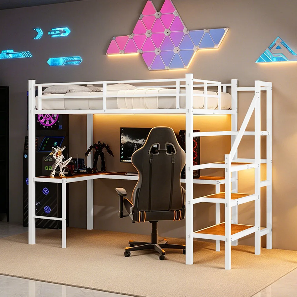 90x190cm Hohes Hochbettgestell mit L-förmigem Schreibtisch, platzsparendes Einzel-Hochbett mit Treppe, durchgehenden Sicherheitsgeländern, geräumigen Ablageflächen und Staufächern, stabiles Hochbett für Schlafzimmer, Teenager- und Erwachsenen-Schlafzimmermöbel – Detail 16