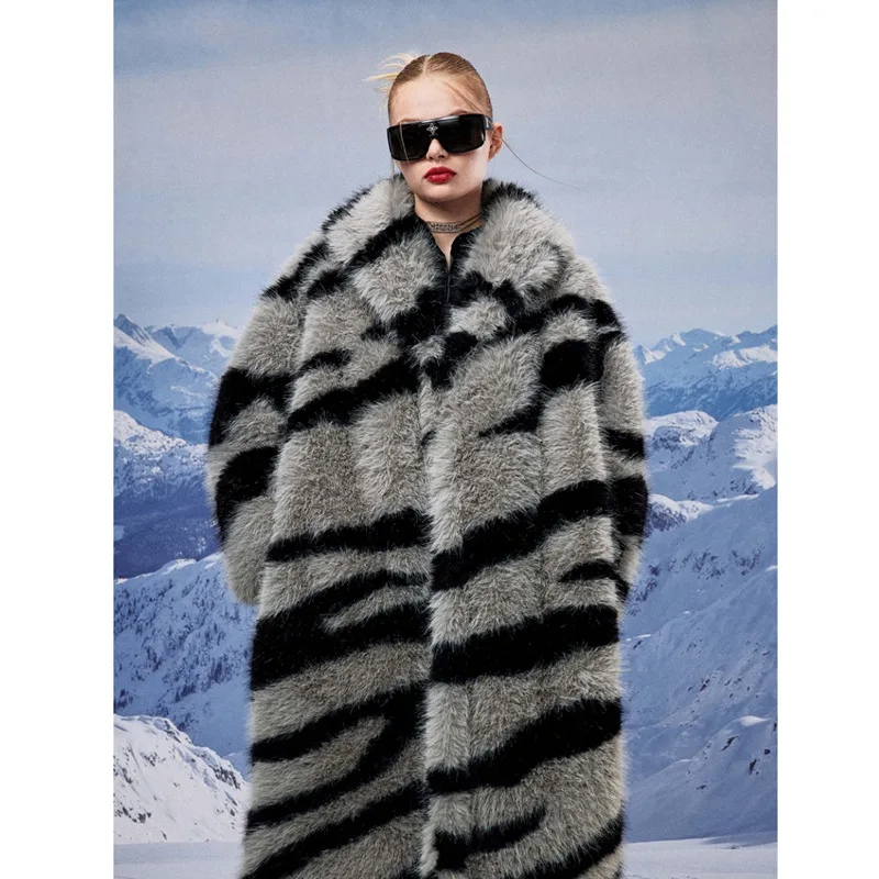 Winter Vintage Thick Warm Long Faux Fur Coat Women Fluffy Jacket Fur Coat Plus Size Korean Cardigan Outerwear Tops Zebra Print