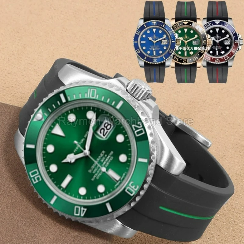 Para Rolex negro verde Submariner Daytona Seiko 20mm correa de reloj de silicona con cierre de acero inoxidable de contorno curvo negro verde