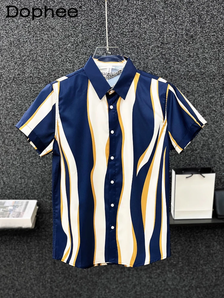 

High-end Striped Contrast Color Short-sleeve Shirts Men's 2025 Summer New Handsome Slim-fit Printed Shirt Color Matching Tops