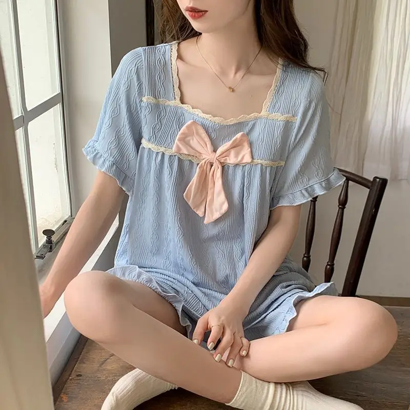 

Summer Ladies Big Size Pajamas Girls Students New Ins Sweet Wind Imitation Cotton Short-Sleeved Shorts Loose Homewear Suit