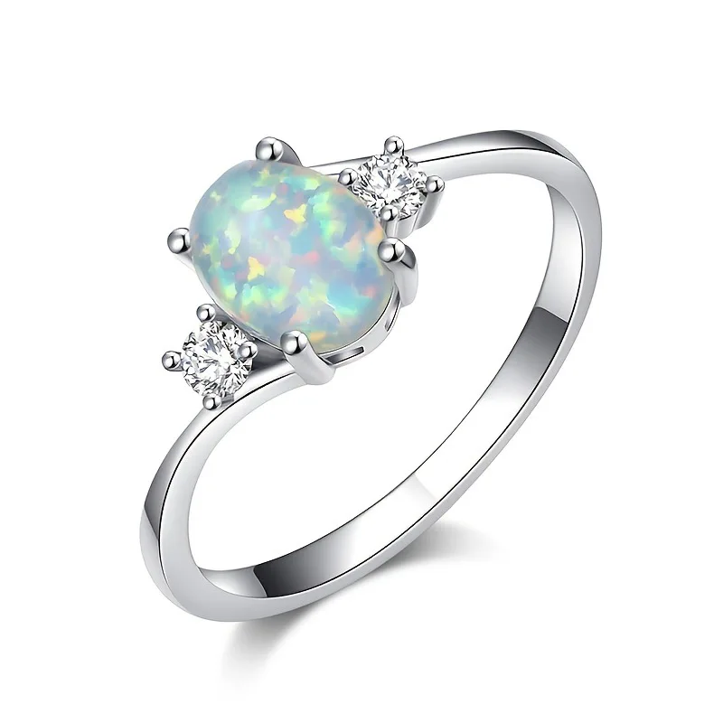 Silver Plated Rings For Women with Cubic Zircon Opal Wedding Band Jewelry Size 6-10