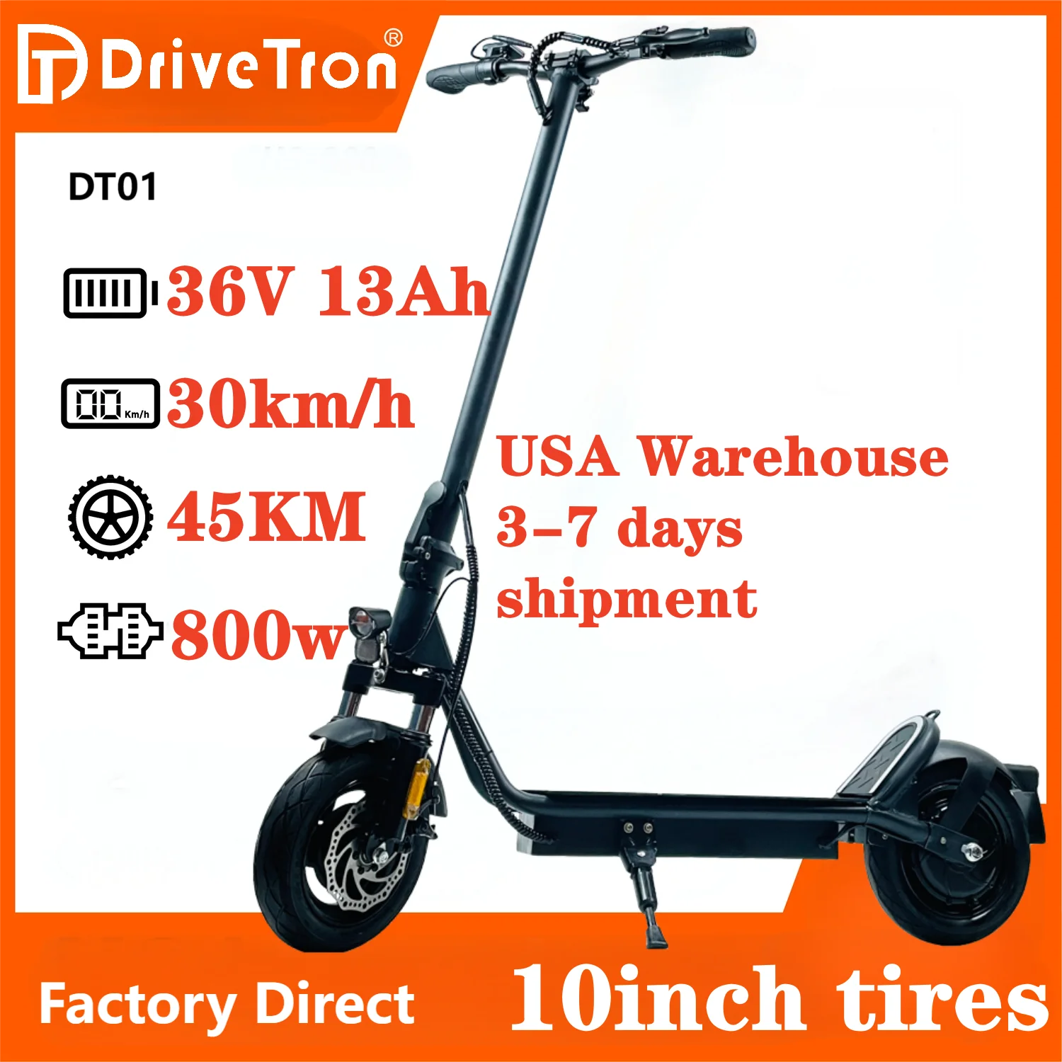 DT01 Adult 10inch Tubeless Tires 30km/h Max Speed 18.6mph 40KM Long Range 36V 13Ah 800W Electric Scooter