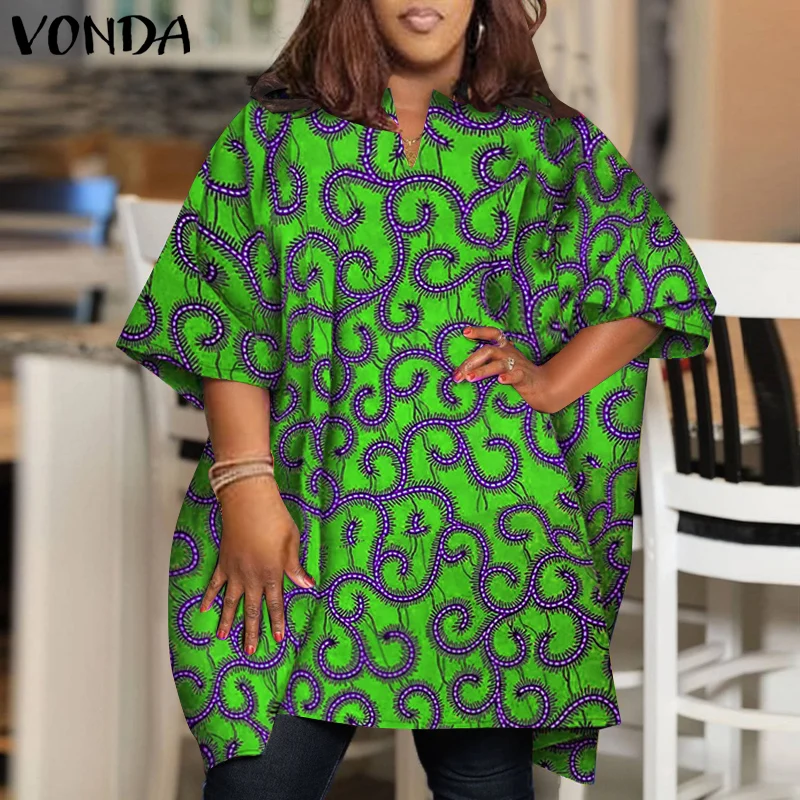 

Женская блузка VONDA 2026: летняя, винтажная, с принтом, элегантная, с рукавом до локтя, V-образным вырезом, повседневная туника свободного кроя, топ