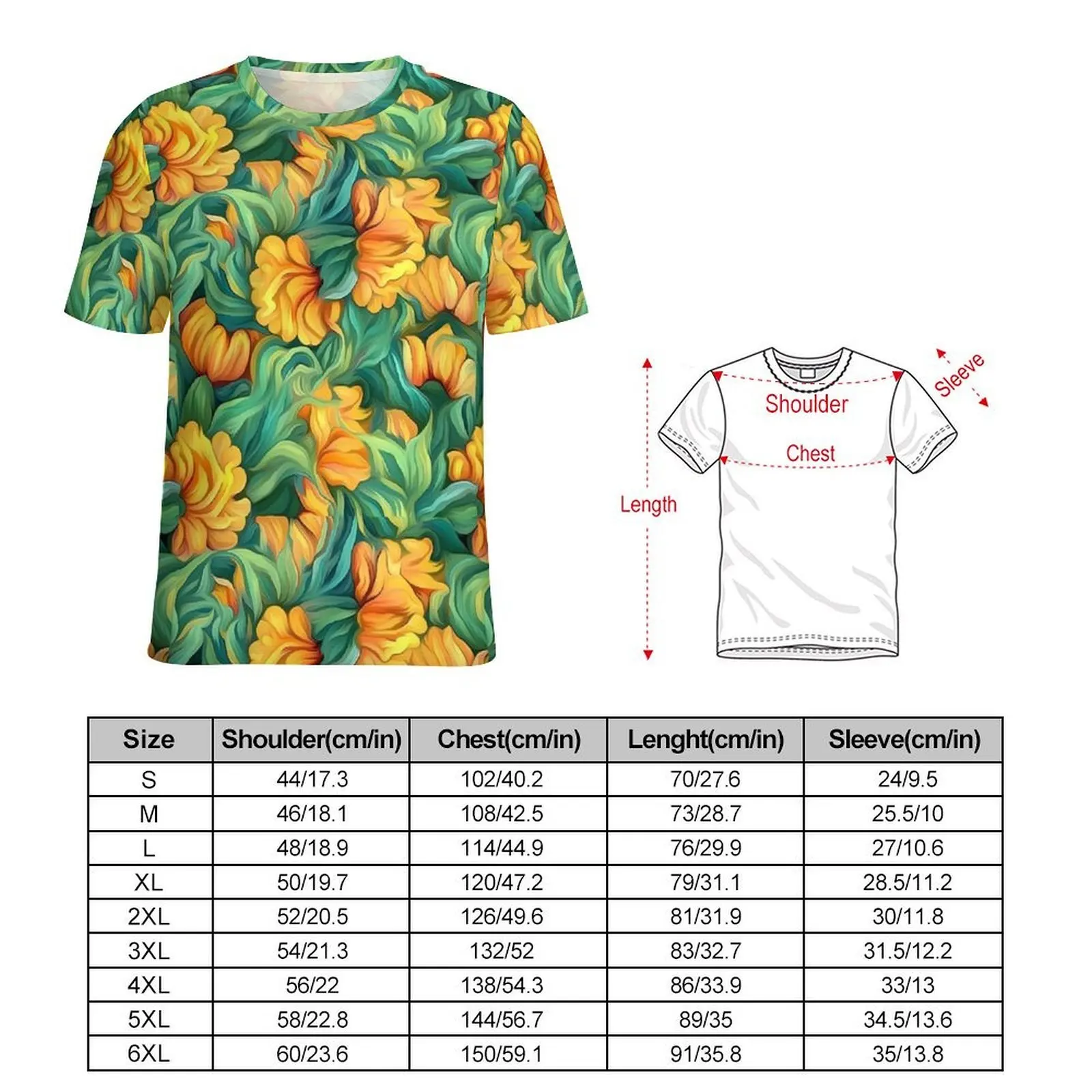Flower Oil Painting T Shirt Green Leaves Harajuku T Shirts Man Casual Tshirt Beach Short Sleeve Custom Top Tees Big Size