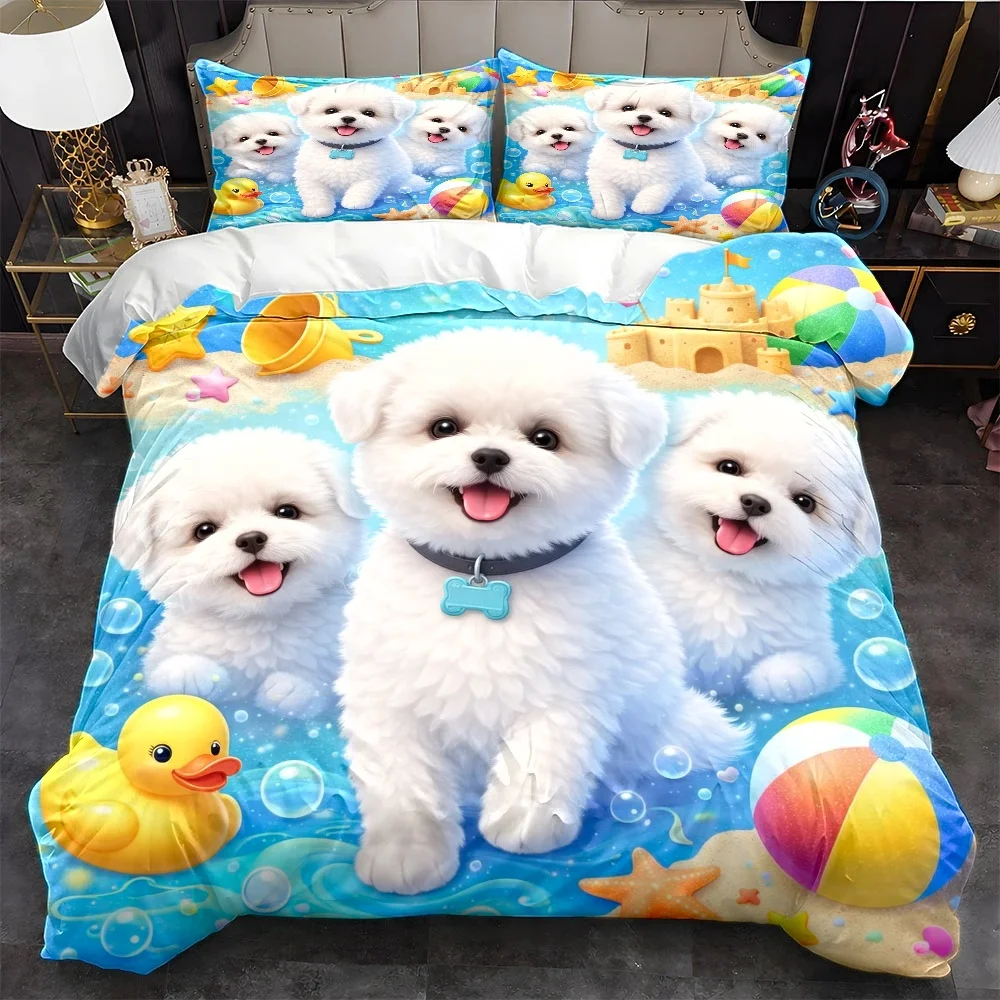 3Pc Cute Bichon Dog Beach Theme Duvet Cover Set, Three-Piece Bedding Set (1*Duvet Cover + 2*Pillowcases), Suitable for All Seasons, Machine Washable, Invisible Zipper Design, Suitable for Home, Dormitory, Master Bedroom, Guest Room, Large Double Bed Cover Bedding Set, Cartoon Cute Pet Print Skin-Friendly Bedding, Bedroom Decor Bedding Set, Soft and Comfortable Bubble Bath Theme Duvet Cover Set 2D Flat Print