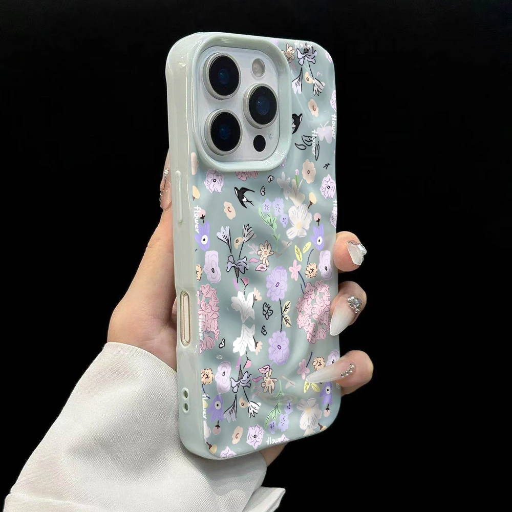 Koreanische Frühlingsblumen-Druck Handyhülle für iPhone 17 16 15 14 13 12 11 Pro Max 14 Plus 17Air Falten-Wellen Weiche Silikonhülle – Detail 10