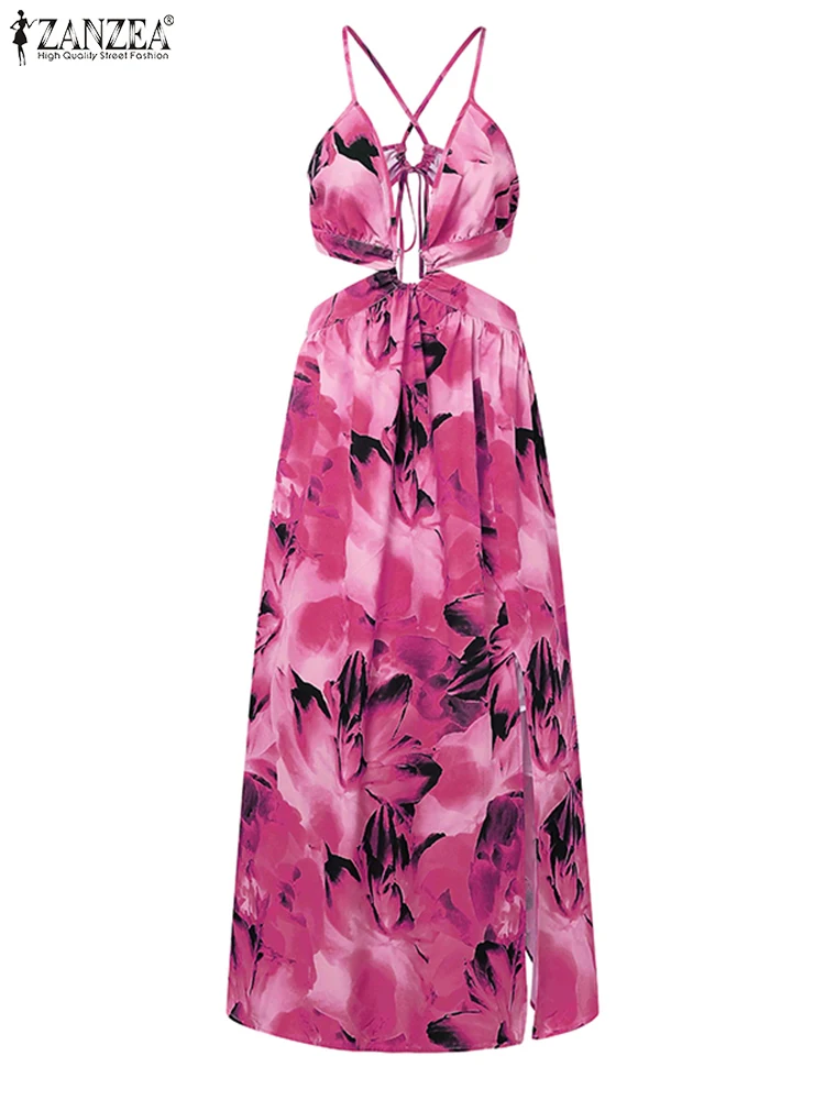 Vacation Deep V-neck Dress Women Split Hem Vestidos ZANZEA 2025 Vintage Floral Printed Sundress Loose Beach Robe