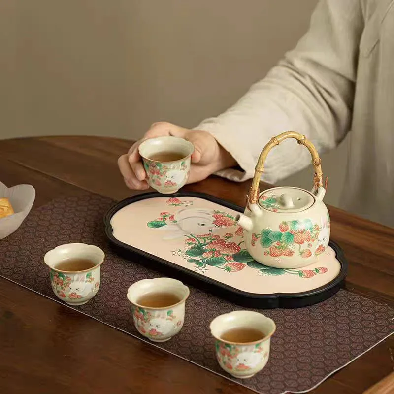 Ru Kiln Lifting Beam Pot Kung Fu Tea Set Office Home Hotel Brewing Tea Pot and Cup Set  Dry Brewing Tray