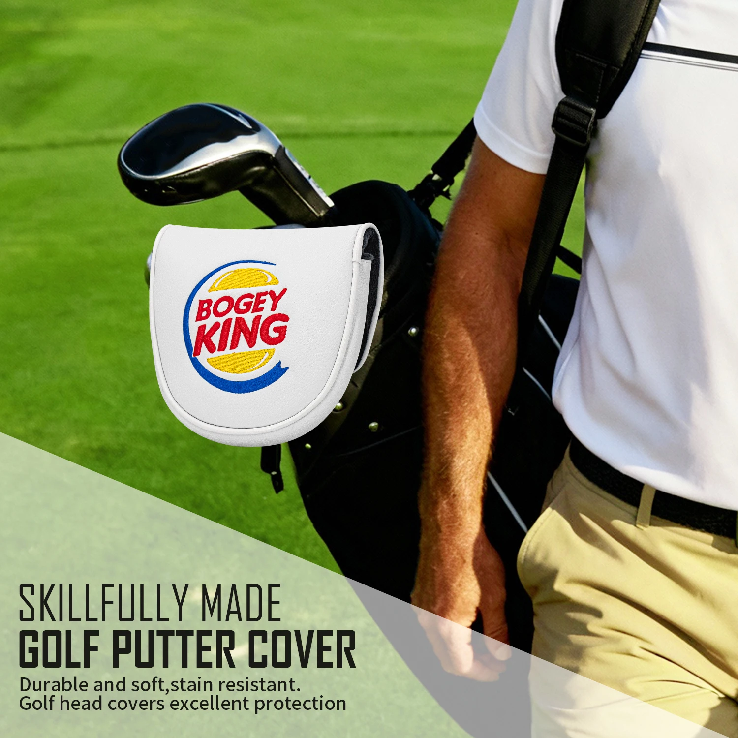 1PC White Circular Embroidery Mallet Putter Head Cover, Fashion Golf Putter Protective Sleeve, Universal Fit for Most Putters view 3