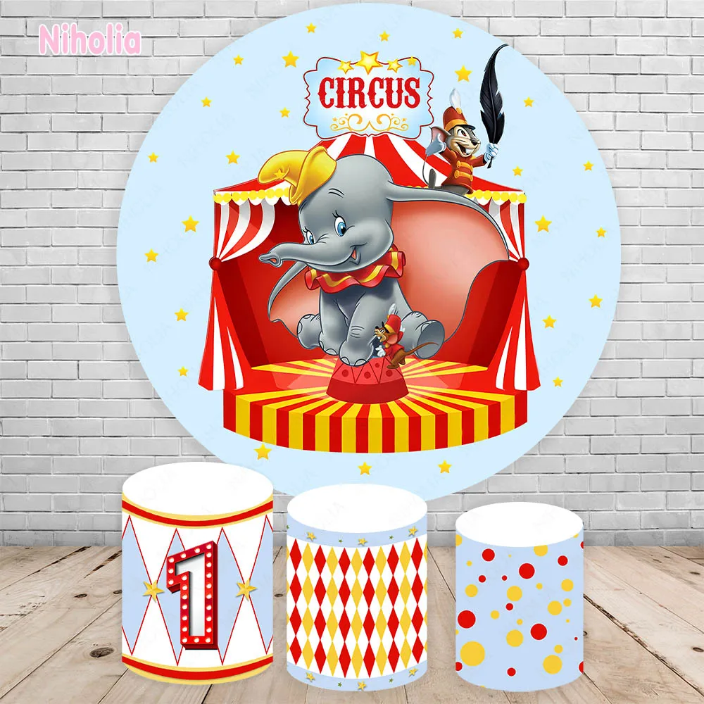 Dumbo Circus Troup Circle Backdrop Cover Kid Birthday Party Photography Background Baby Shower Photo Cylinder Decor Banner